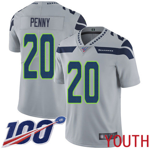 Seattle Seahawks Limited Grey Youth Rashaad Penny Alternate Jersey NFL Football #20 100th Season Vapor Untouchable->youth nfl jersey->Youth Jersey